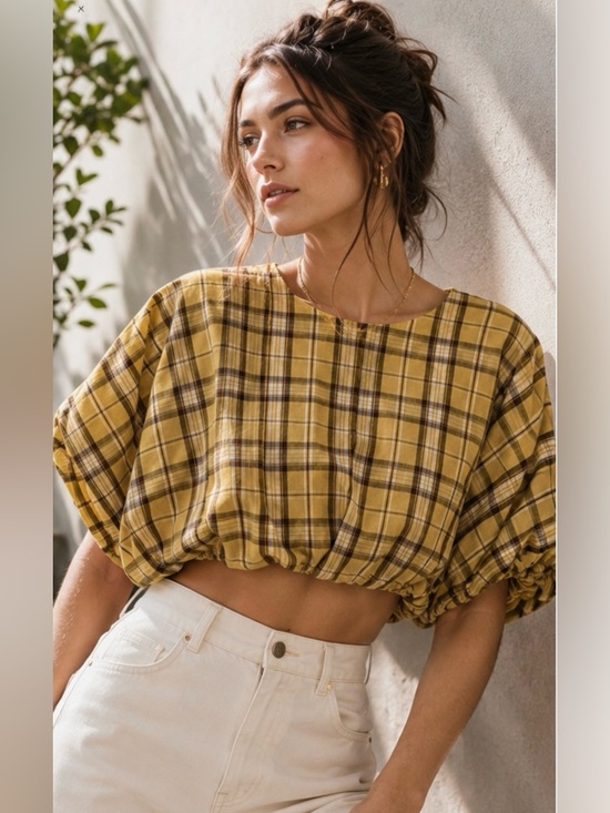 English Factory Dresses & Skirts - Anthropologie English Factory Plaid Puff Sleeve Cotton Crop Top Yellow Size S